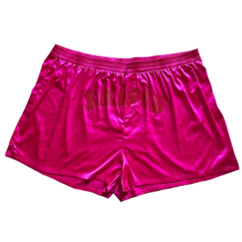 Skims Hot Pink Satin Rhinestone Logo Shorts 4X